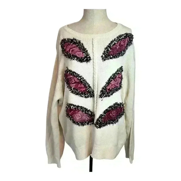 KOOS of Course! Women's 1X Beige Pullover Sweater Long Sleeve Paisley Fringe - Picture 2 of 7